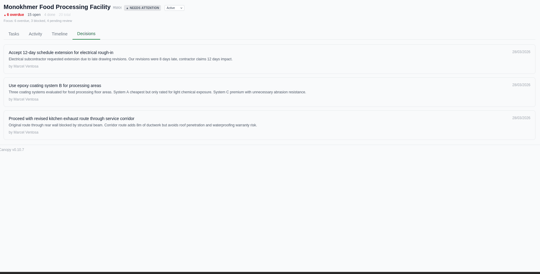 Decisions tab showing project decisions with context, alternatives, and outcomes