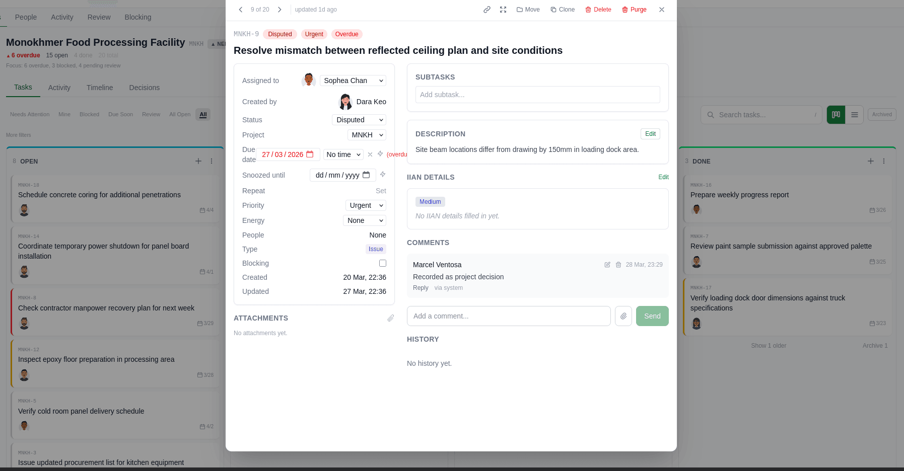 Issue detail showing severity, owner, structured assessment, comments, and linked decision