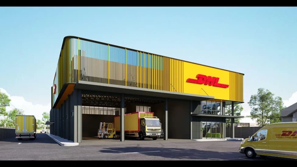 Exterior rendering of DHL logistics facility with hybrid reinforced concrete and steel structure
