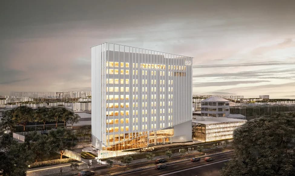 Exterior view of the DOA Future Lab, a modern high-rise research facility designed for flood mitigation and resilient operations.